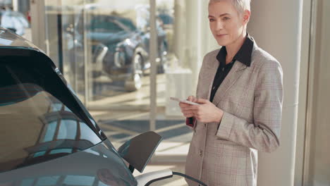 mujer comprobando un coche eléctrico en una sala de exposiciones