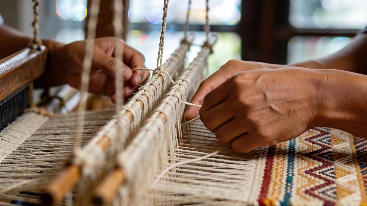 Tejiendo: manos de dos tejedores con brazos descubiertos tirando de la trama en el telar en un estudio, formando tela.