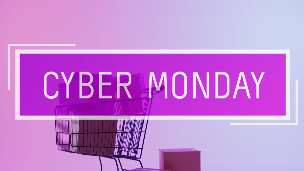 animación del texto del lunes cibernético sobre el carrito de compras con cajas de regalos