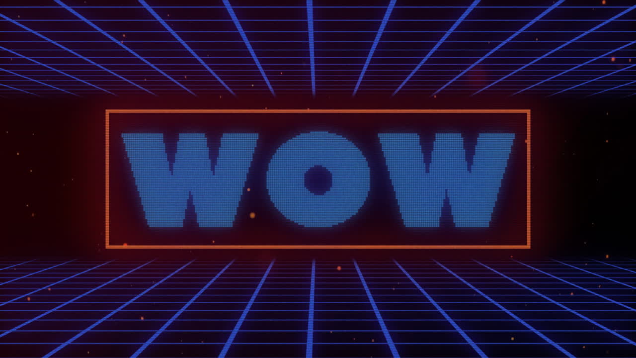 Animazione del testo "wow" su forme blu