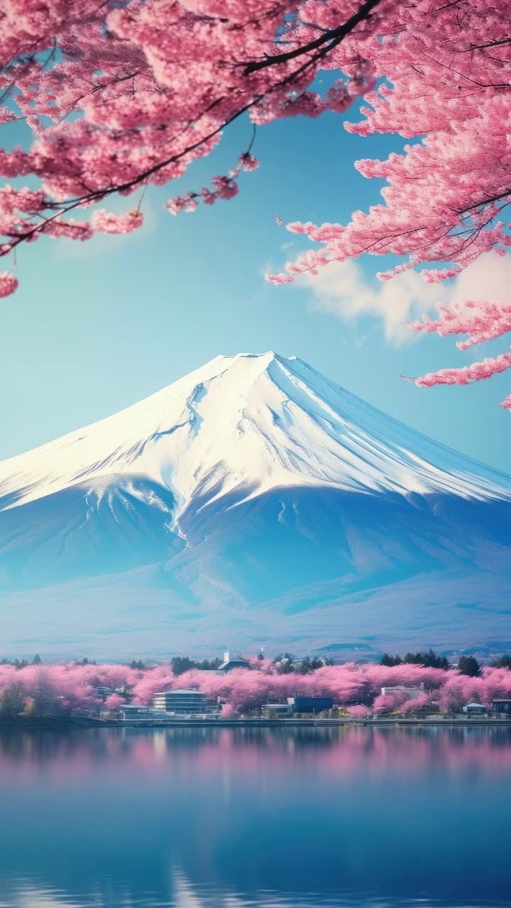 Un'immagine video serena del Monte Fuji con fiori di ciliegio in primo piano