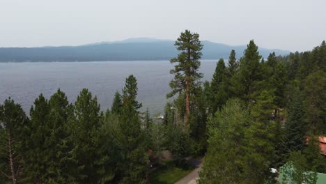 drone shot revealing payette lake through the pine trees on a smoky day in mccall, idaho