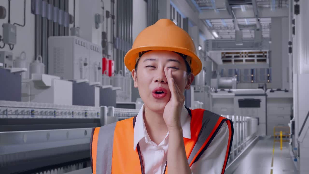 Close Up Of Asian Female Engineer With Safety Helmet Yelling With Hand Over Mouth At Pharmaceutical Factory, Vaccine Production Facility