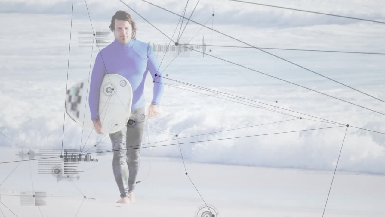 Clip opening showing surfer holding board walking shore generating animated network HUD overlay