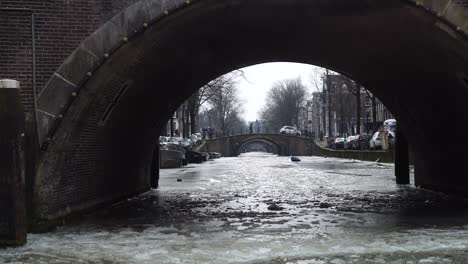 icy canal amsterdam. view from the boat