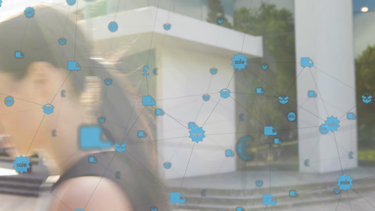 야외에서 스마트폰을 사용하는 백인 사업가 여성에 대한 디지털 아이콘 네트워크의 애니메이션