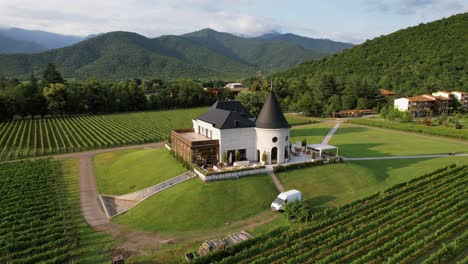 Top-view-of-Chateau-Buera-Winery-and-Vineyards,-nestled-in-the-lush-green-mountains-near-Lopota-Lake-in-Georgia's-Kakheti-region