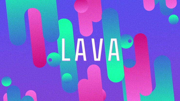 Barre e sfere verdi e magenta che scorrono e si assemblano su uno sfondo blu, formando una rivelazione LAVA bianca
