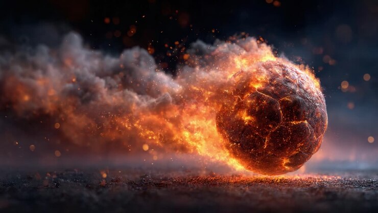 Una sfera di braci esplosiva che cattura l'essenza del fuoco e del movimento, irradiando calore e luce in mezzo a uno sfondo fumoso per creare un'esperienza visiva dinamica