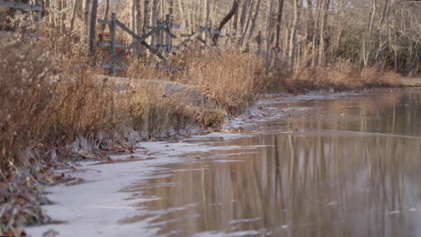 wide shot of a frozen lake-side trail at golden hour