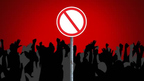 animation of no entry sign over hands of people protesting on red background