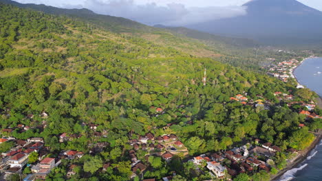 High-Angle-Views-Of-Amed-Beach-Coastline-With-Mount-Agung-In-The-Background-Bali-Indonesia