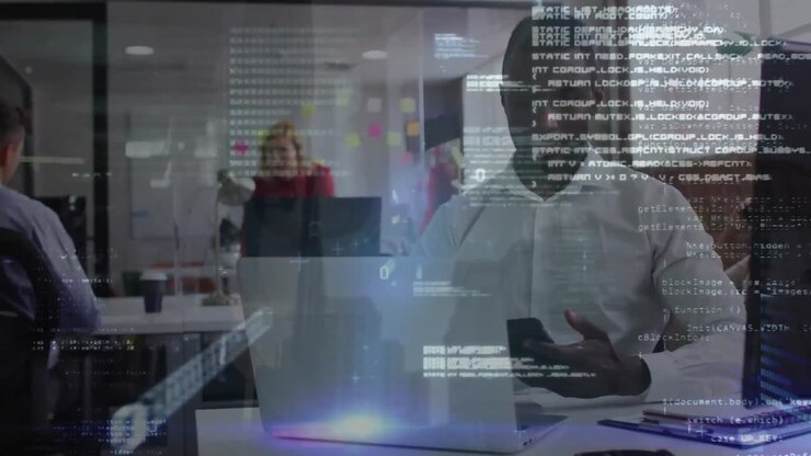 Animation of data processing over diverse business people working in office