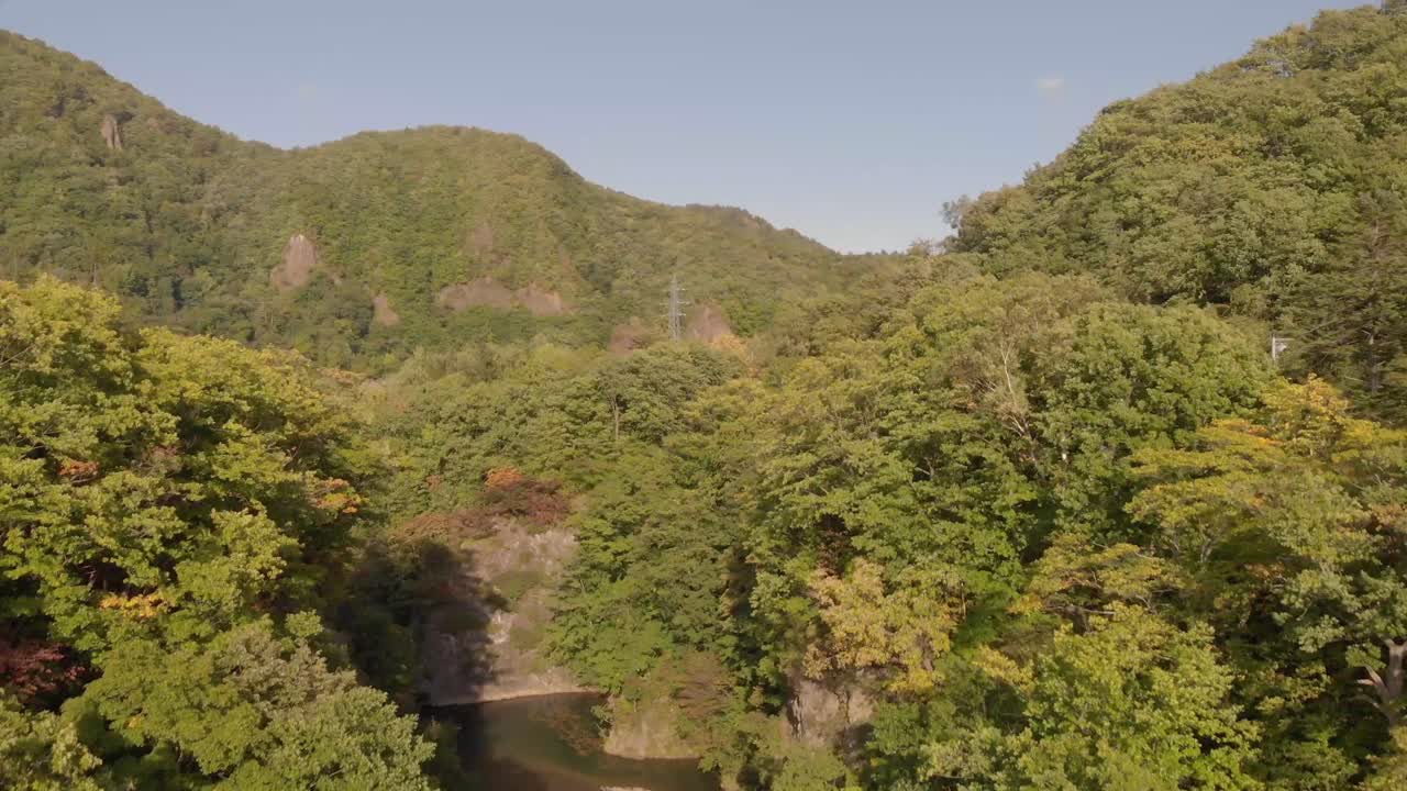 조잔케이 유명한 온천 마을 홋카이도, 일본의 울창한 녹색 숲과 강 위로 천천히 상승하는 항공 샷
