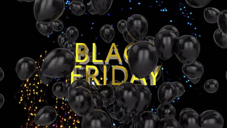 animación de fuegos artificiales y globos sobre texto de viernes negro sobre fondo negro
