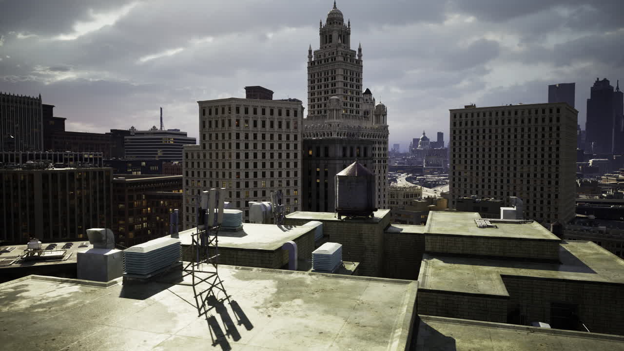 View of urban skyline with retro architecture and modern buildings in daylight