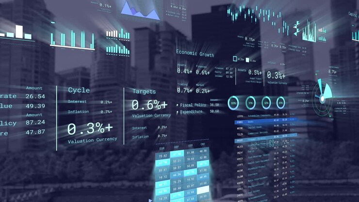 Animation of financial data processing over cityscape