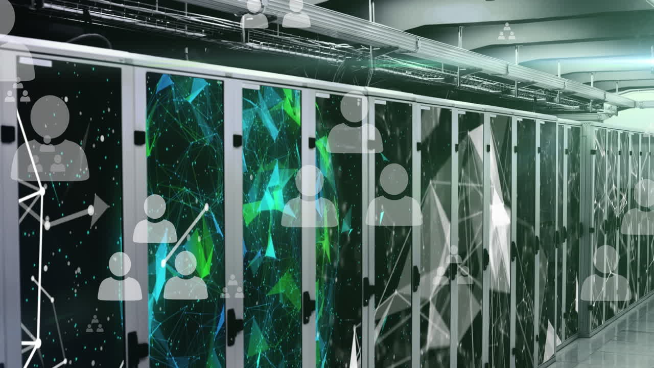 Animation of media icons over server room