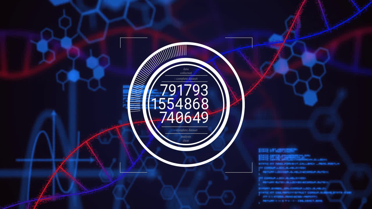 Animation of data processing over sna strands on black background