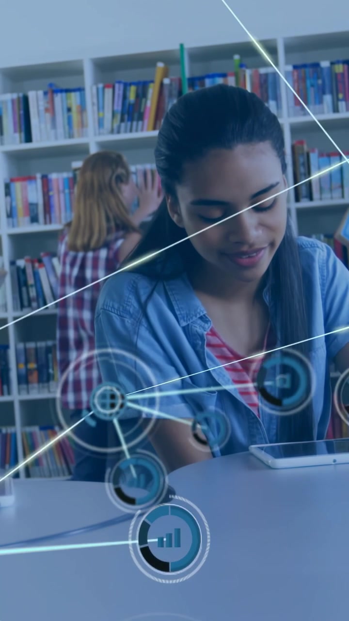 Vertical video: Student tapping phone, learning while AR globe and nodes expanding across shelves