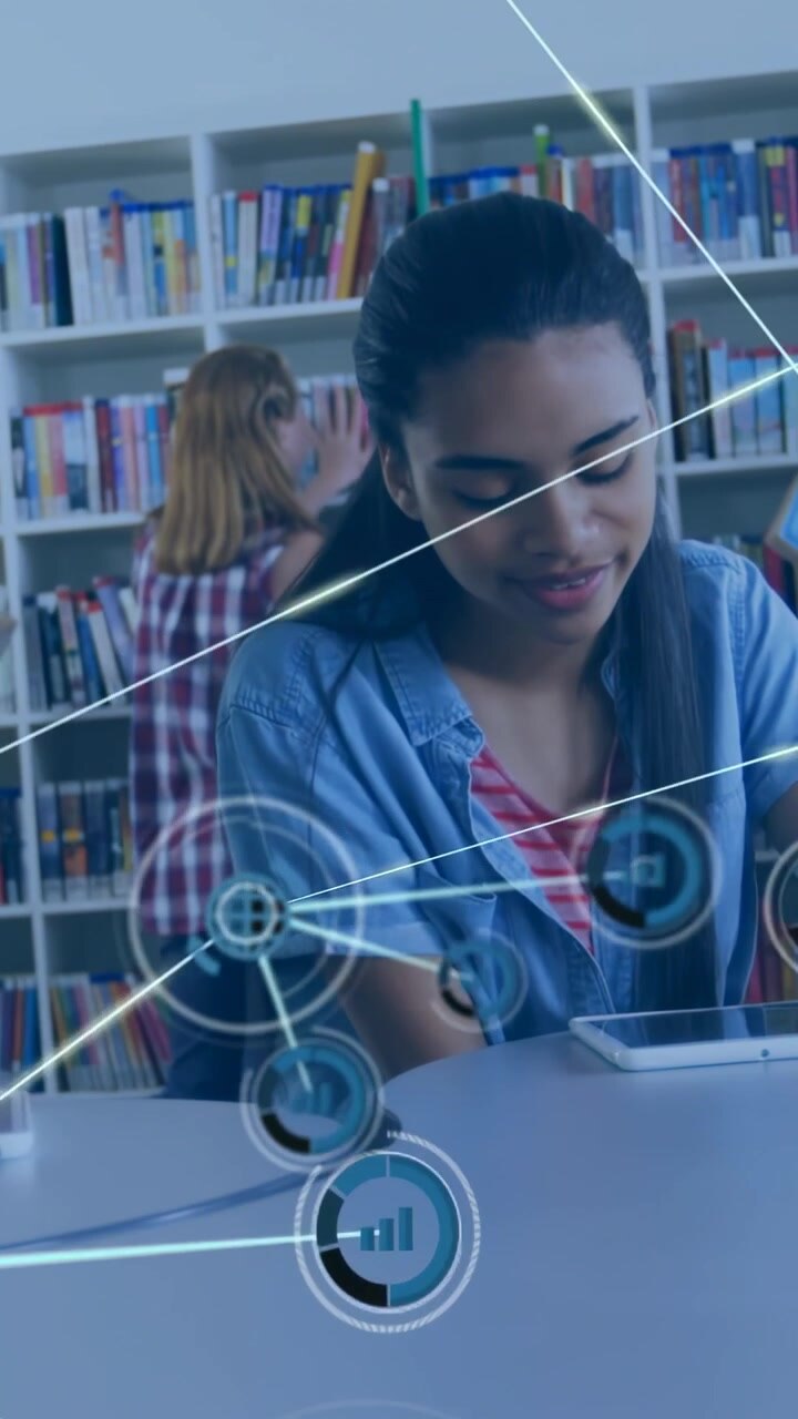 Vertical video: Student tapping phone, learning while AR globe and nodes expanding across shelves