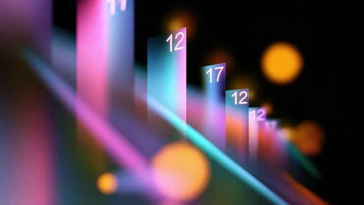 Abstract Visual Display Featuring Colorful Bars with Numeric Indicators and Gradient Lighting; Capturing the Transitioning Data with Dynamic Colors and Geometric Shapes Across Two Key Frames in a Vibrant Environment