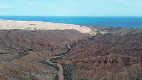 vista aérea del cañón de cuento de hadas skazka en kirguistán con el lago issyk-kul en el fondo