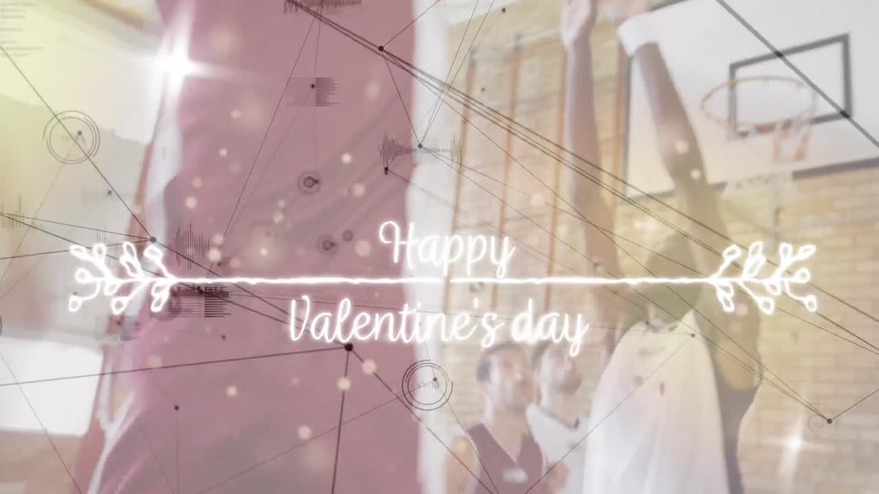 Animation of happy valentine's day text and data processing over diverse group of basketball players