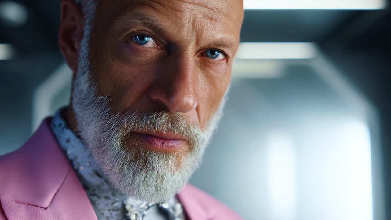 Nærbillede af en fornem mand med et omhyggeligt plejet skæg og slående blå øjne, iført et stilfuldt pink jakkesæt og en mønstret skjorte i en moderne indstilling
