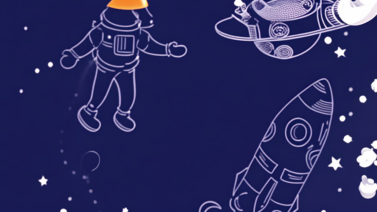 Astronaut, spaceship, and rocket floating over space-themed animation