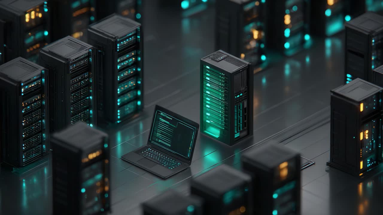 A Glimpse into a High-Tech Data Center Featuring a Central Laptop Amidst Rows of Server Racks with Striking Blue and Green LED Lights for Enhanced Visual Contrast