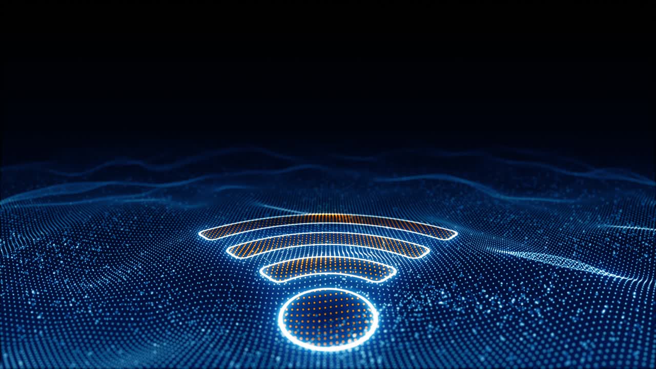 Grafis gerak gelombang partikel biru bercahaya dengan logo WIFI oranye, teknologi futuristik pada latar belakang abstrak, video loop mulus.