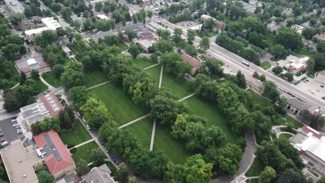 Colorado-State-University,-Fort-Collins-USA,-Aerial-View-on-The-Oval-Park,-Part-of-College-Campus