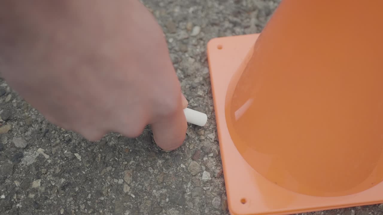 Plane detail of a hand with a chalk making a white line on the floor