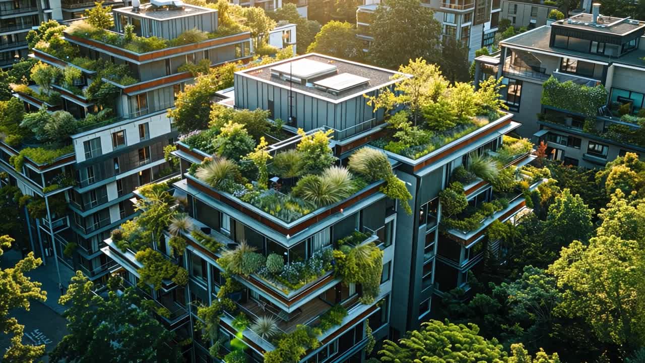 Modern Urban Buildings with Extensive Rooftop and Balcony Gardens