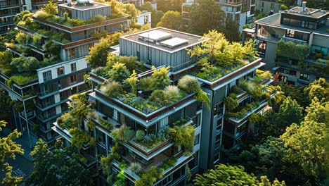 modern urban buildings with extensive rooftop and balcony gardens