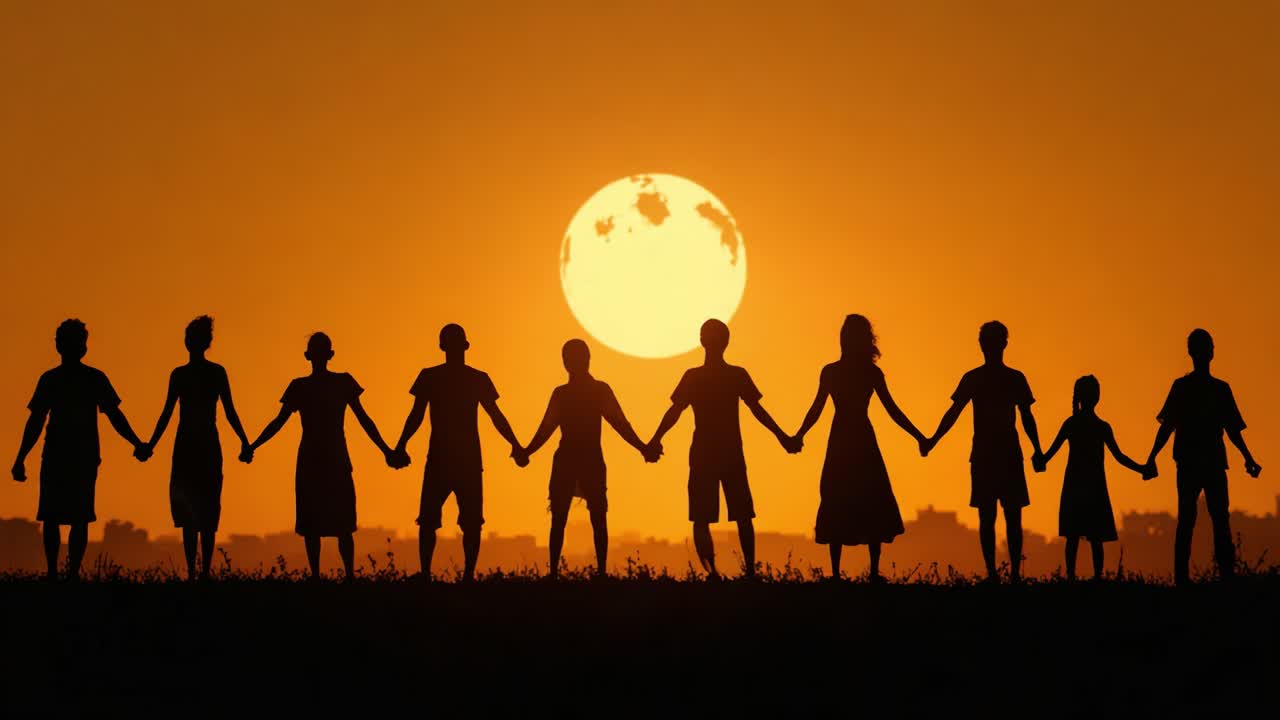 Silhouettes of a Diverse Group of People Holding Hands Against an Inspiring Sunset, Symbolizing Unity, Friendship, and Togetherness in Harmony