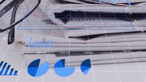 animation of multiple graphs, changing numbers over grid pattern against spectacles and newspapers