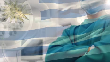 Animación-De-La-Bandera-De-Uruguay-Ondeando-Sobre-Cirujano-En-Quirófano
