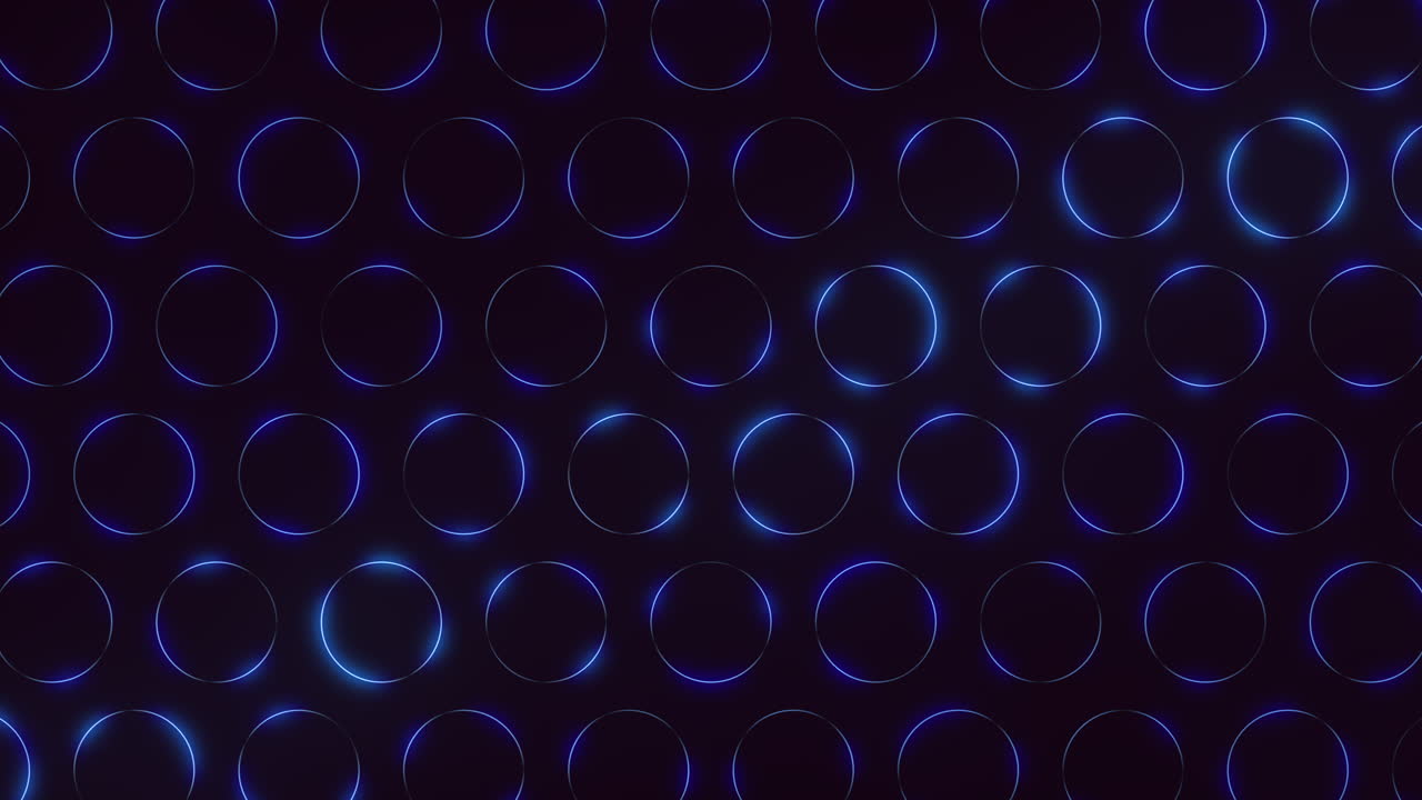 Abstract futuristic background footage featuring a seamless grid of glowing neon blue circles on a dark surface, ideal for technology themes, presentations, stage visuals and digital interfaces