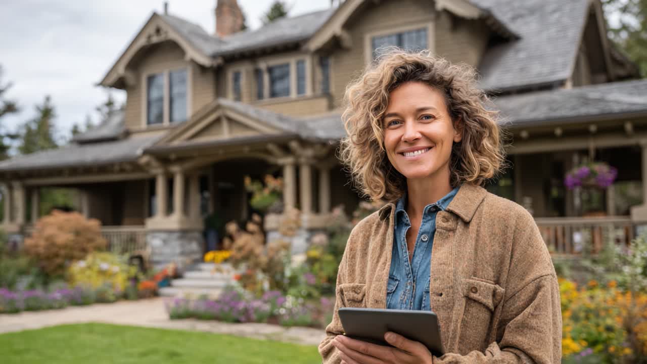 Una mujer alegre de pie frente a su hermosa casa sosteniendo una tablet, rodeada de exuberantes jardines y elegancia arquitectónica en un entorno pintoresco