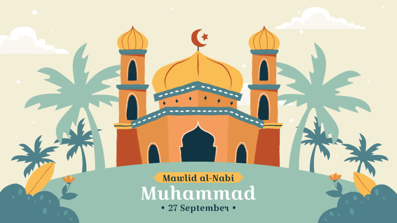motion graphic de ilustración plana para la celebración de la fiesta islámica mawlid al-nabi