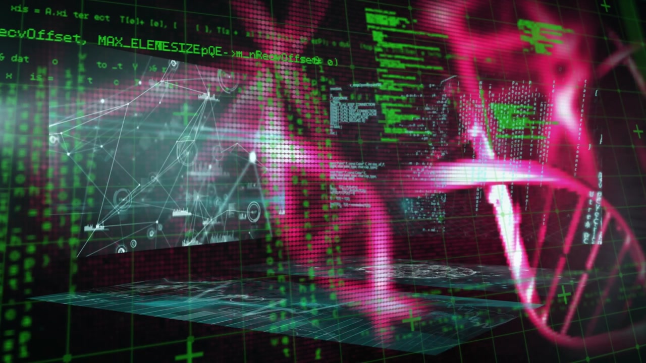 Animation of dna structures spinning over screens with data processing against black background