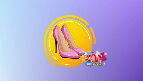 파란색 배경에 판매 텍스트와 하이 힐의 애니메이션