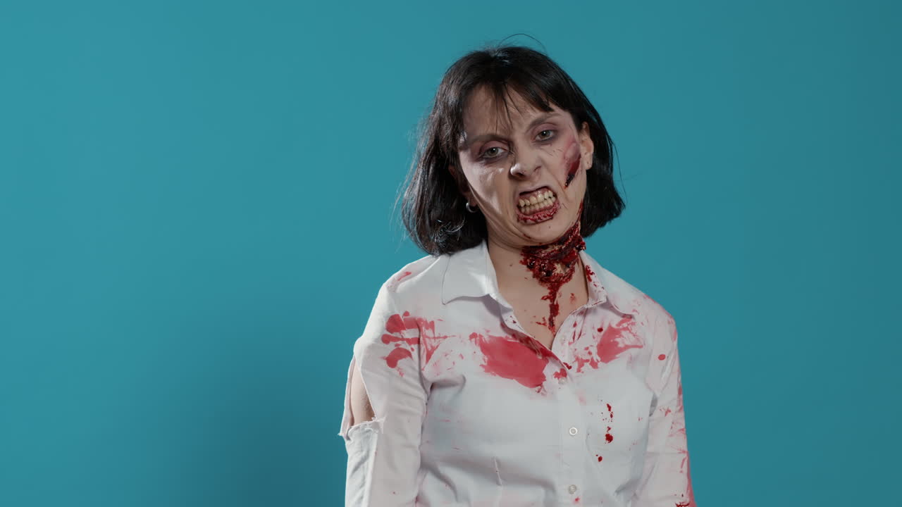 Zombie dall'aspetto strano e spaventoso, infuriato per l'iniezione di un vaccino che lo rende immune
