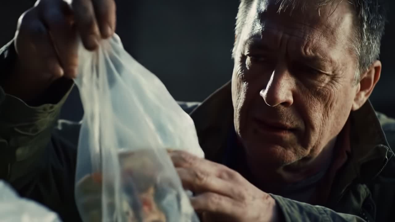 A man inspects a mysterious object hidden beneath a plastic bag, revealing a moment of tension that captures curiosity and concern in this gripping narrative moment