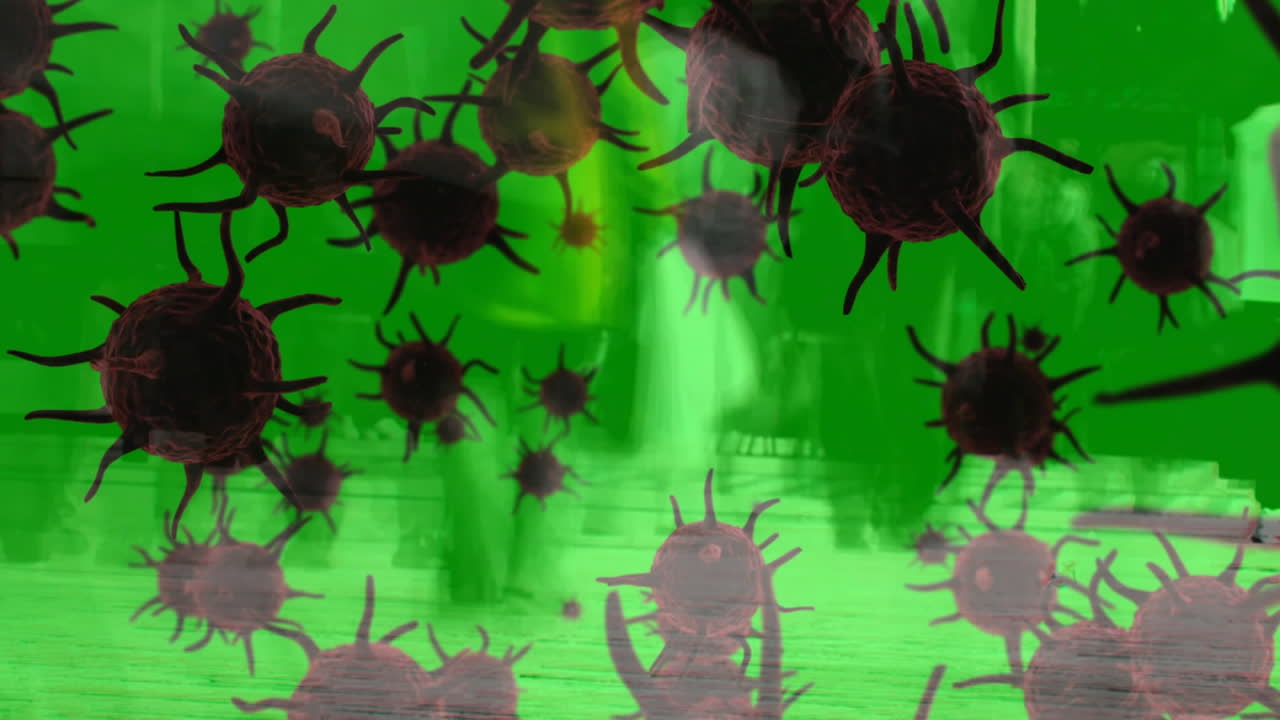 거리를  ⁇ 고 있는 사람들 위에 있는 코로나 19 세포의 애니메이션