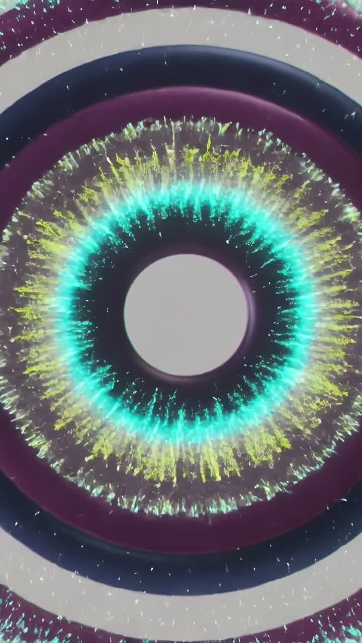 Vertical video: Growing concentric rings emitting cyan spikes on grey backdrop showing dark pupil