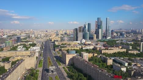 russia day time modern moscow city kutuzovsky traffic avenue aerial panorama 4k