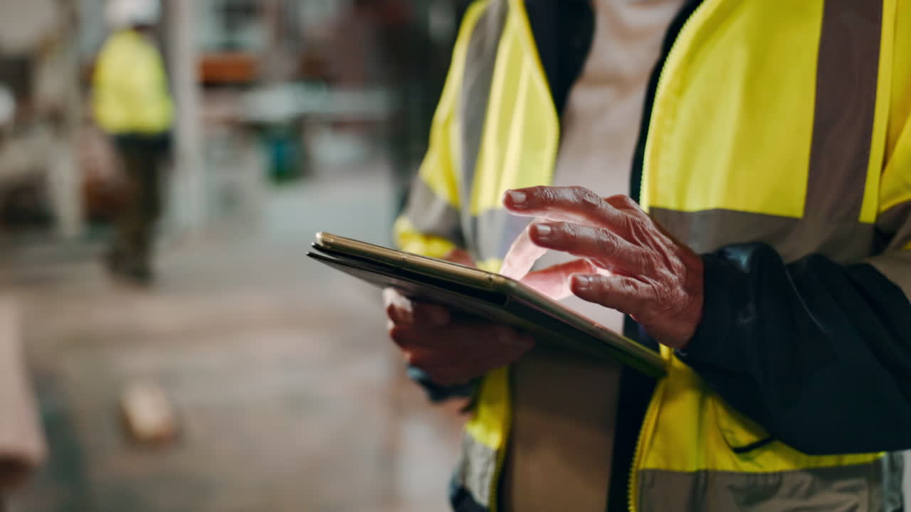 Worker using tablet at construction site